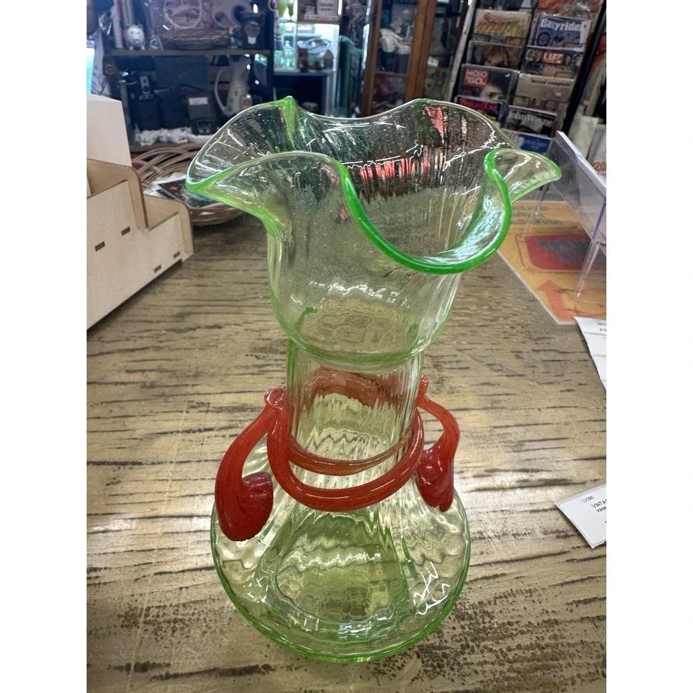 Vintage Green Uranium Glass Vase w/ Applied Orange Spiral Decoration - Rare!